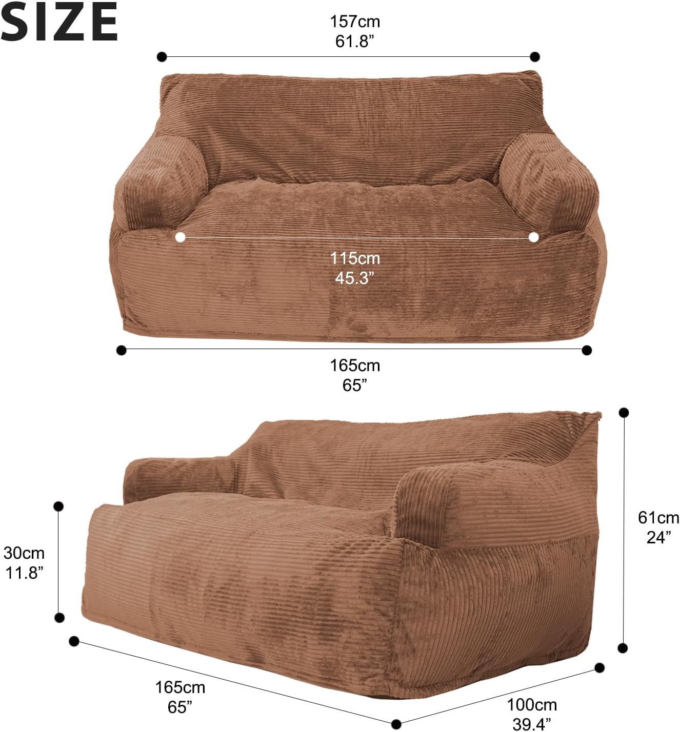 Giant Twin Size Bean Bag Sofa, Foam Filling Floor Sofa, Includes Removable and Machine Washable Cover, Brown