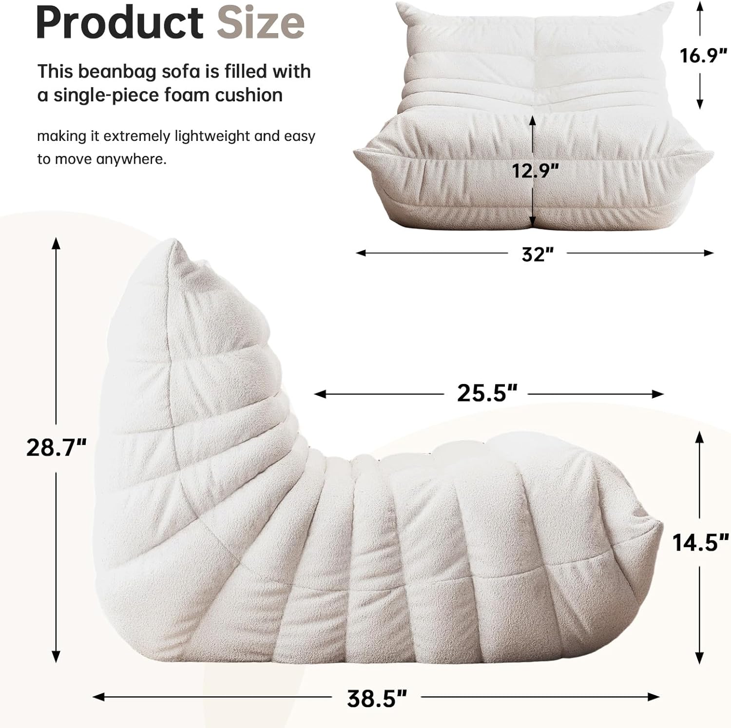 Oversized Bean Bag Chairs for Adults, Giant Beanbag Chair with Memory Foam, Comfy Lounge Chair Lazy Sofa for Apartment, Living Room, Bedroom, Office(Teddy Fabric)