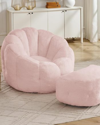 Flower Bean Bag Chair with Ottoman for Adults,Large Beanbag Chair with Artificial Rabbit Fur Fabric,Floor Sofa for Living Room,Reading Room and Apartment. (Pink)