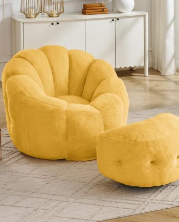 Flower Bean Bag Chair with Ottoman for Adults,Large Beanbag Chair with Artificial Rabbit Fur Fabric,Floor Sofa for Living Room,Reading Room and Apartment. (Yellow)