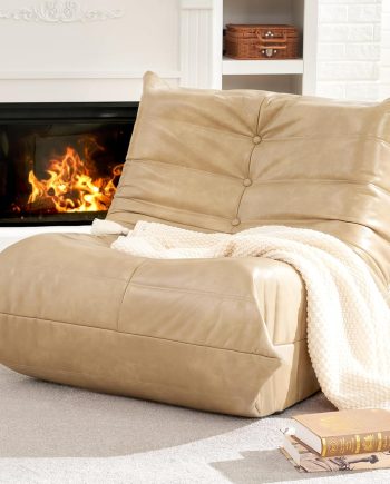 Giant Bean Bag Chair Lazy Floor Sofa, Memory Foam Fireside Sofa for Adults, Big Beanbag Faux Leather Armless Chair for Living Room Bedroom Dorm Office (Khaki, Single)